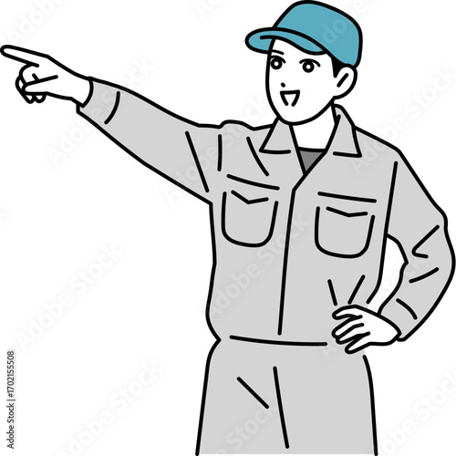 遠くを指差す作業員の男性のイラスト