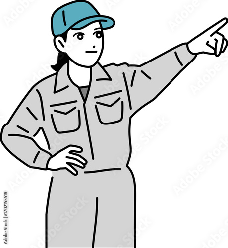 遠くを指差す作業員の女性のイラスト