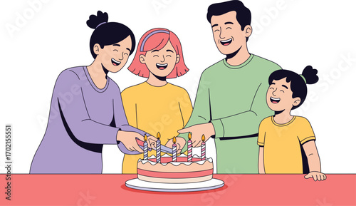 Family celebrating birthday cutting cake with lit candles