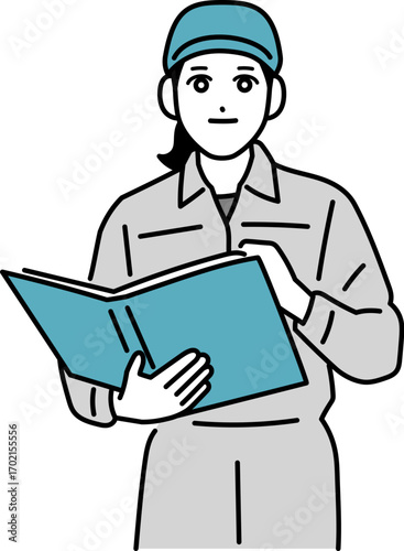 マニュアルを読む作業服の女性のイラスト