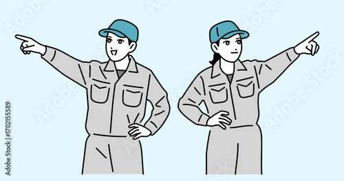 遠くを指差す作業員の男女のイラスト