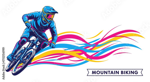 A mountain biker in full gear rides downhill, surrounded by colorful abstract waves.
