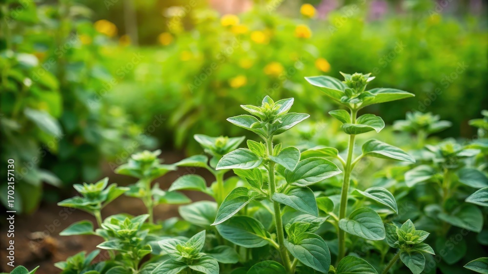 Obraz premium Oregano plant growing in a lush green backyard garden with multiple stalks