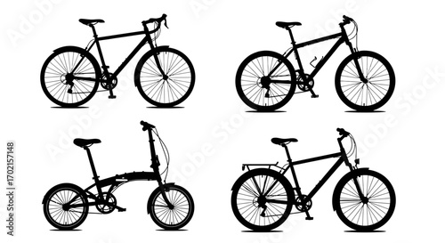 A collection of four different bicycle silhouettes, including a road bike, mountain bike, folding bike, and a commuter bike, all in black against a white background.