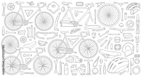 Line art illustration showcasing bicycles, bicycle parts, tools, and accessories arranged on a flat surface.