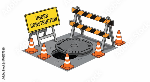 Illustration depicting an open manhole covered by a construction barrier, cones, and a yellow "Under Construction" sign.
