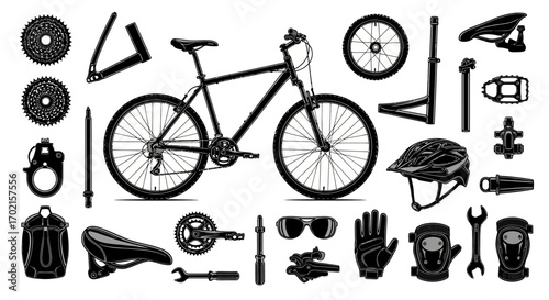 Black and white vector illustration of a mountain bike with its components disassembled and laid out, including wheels, frame, seat, helmet, and tools.