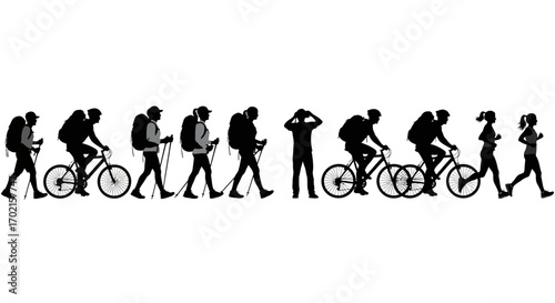 Silhouetted figures depict various outdoor activities including hiking with backpacks and poles, cycling, stretching, and running.