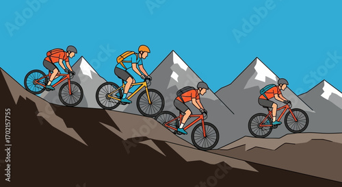 Four cyclists mountain biking downhill on a rocky trail with snow-capped mountains in the background under a blue sky.