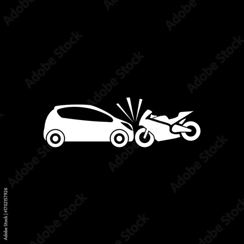 Motorcycle Hits Car, Crash icon isolated on black background
