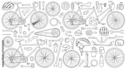 Illustration featuring three bicycles and an assortment of bicycle parts including wheels, helmets, tools, chains, and handlebars, arranged on a white background.