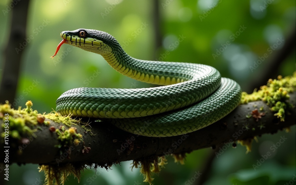 Fototapeta premium Coiled Snake with Tongue Out on Mossy Branch in Jungle Setting. High quality