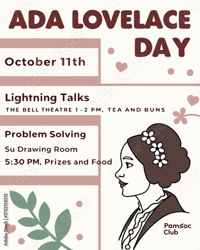 Ada Lovelace Day event poster with schedule and illustration of Ada Lovelace October 11th Lightning Talks