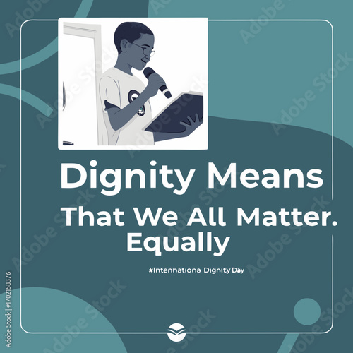 Boy speaking at podium with microphone and book promoting dignity child