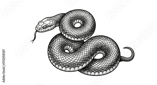 A detailed black and white illustration of a coiled snake with its tongue sticking out, showcasing intricate scale details.