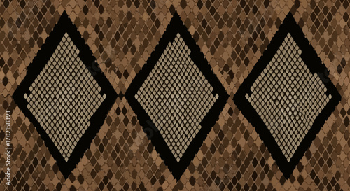 Three diamond shapes with a grid pattern are centered against a textured background resembling snake skin.