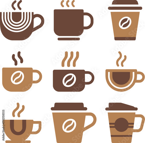 Collection of steaming coffee cups and takeaway containers, perfect for cafe branding.