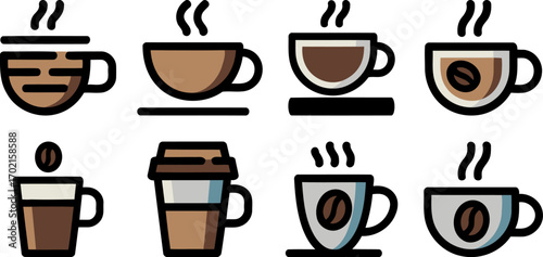 Collection of steaming coffee cups and takeaway drinks, perfect for cafes and morning routines.