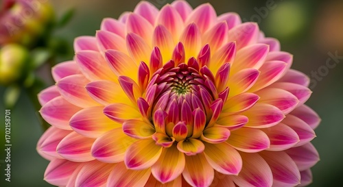 Closeup of a vibrant pink and yellow dahlia flower.