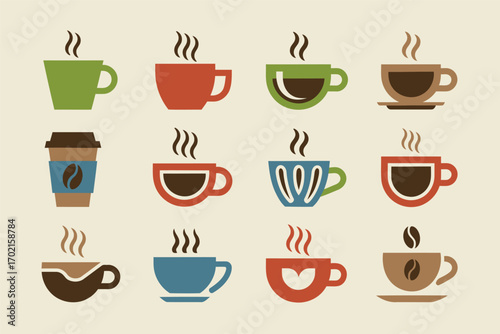 A vibrant collection of stylized coffee cups, each with steaming aroma, perfect for morning refreshment.