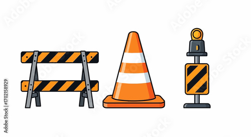 Illustration of a traffic barricade, cone, and warning light, all used for road construction or hazard indication.
