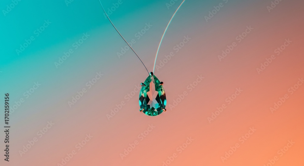 Obraz premium A teardropshaped green gem pendant suspended by thin strings against a gradient of teal and orange