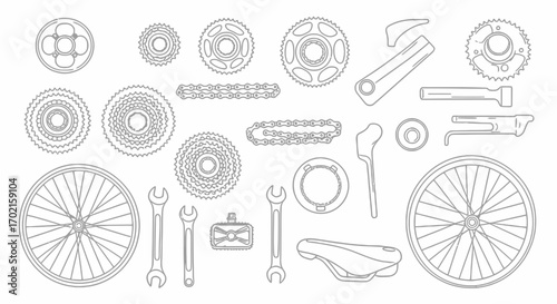 A collection of outlined bicycle parts arranged on a white background, including wheels, gears, chains, pedals, wrenches, and a seat.