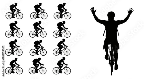 A graphic illustration showing multiple cyclists riding bicycles, with one cyclist in the foreground celebrating with raised arms.