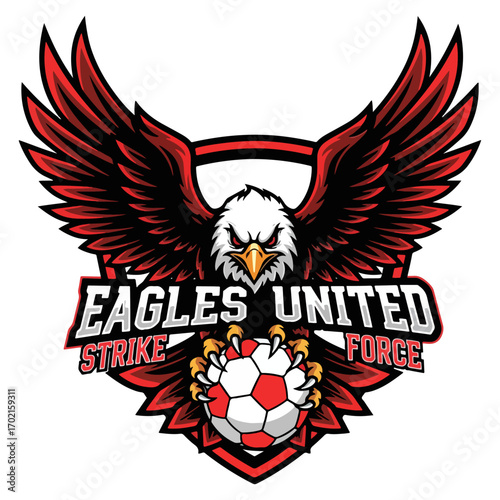 The logo symbol is an eagle holding a soccer ball.