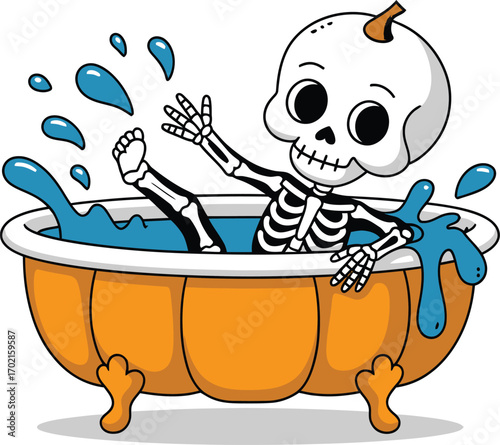 Cartoon skeleton splashing in orange bathtub halloween