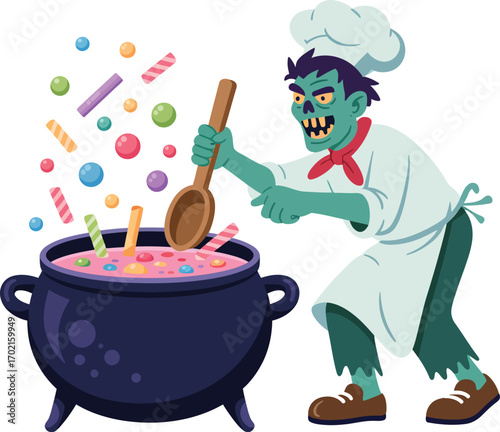 Zombie chef stirring pink potion with candy sprinkles