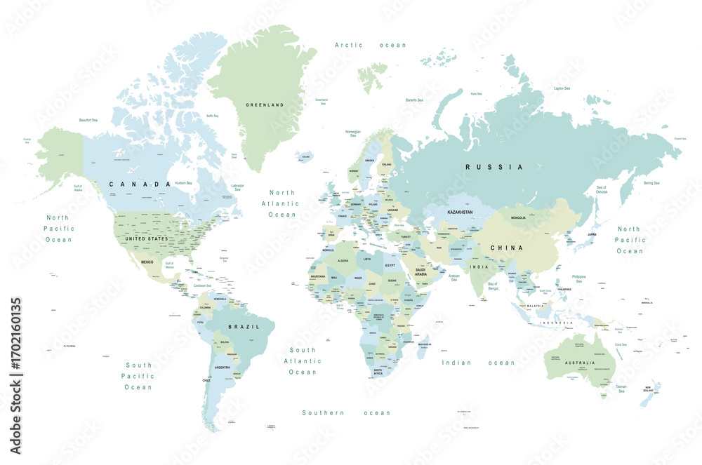 Fototapeta premium world map - Colourful Illustration in pastel blues and greens, showing country names, State names (USA & Australia), capital cities, major lakes and oceans. Print at no less than 36