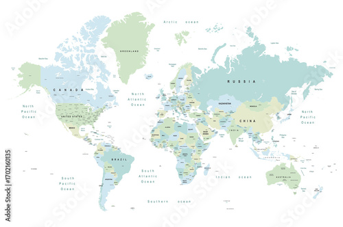 world map - Colourful Illustration in pastel blues and greens, showing country names, State names (USA & Australia), capital cities, major lakes and oceans. Print at no less than 36