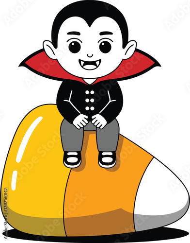 Cute cartoon vampire sitting on candy corn halloween