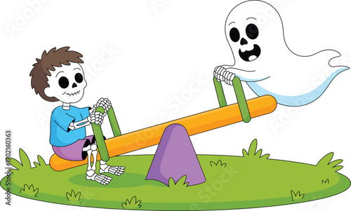 Skeleton and ghost playing on a seesaw playground