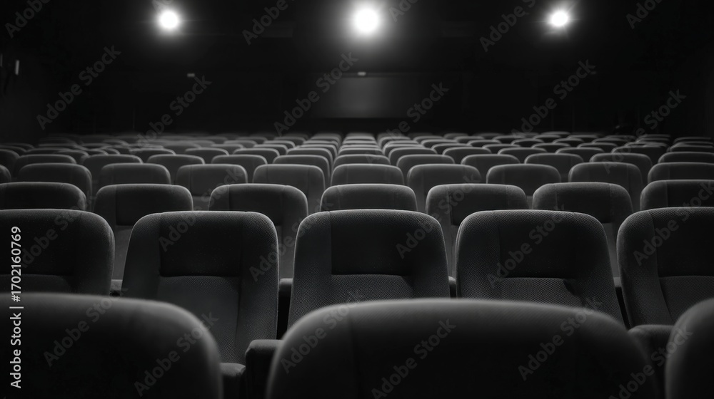 Obraz premium Empty Movie Theater Seating Rows, Awaiting the Show, Dark Cinematic Atmosphere with Dramatic Lighting