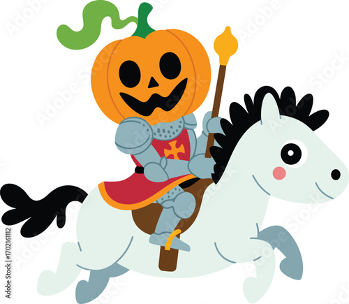 Cartoon pumpkin knight riding a white horse vector