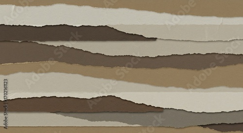 Abstract horizontal composition of torn layered paper strips in various shades of brown and beige