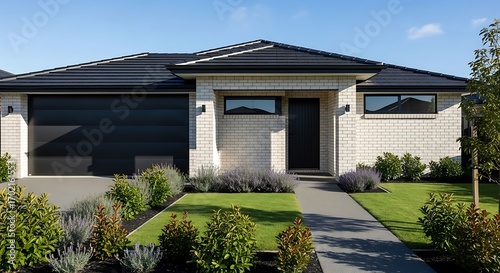 Modern suburban house with lush green landscaping and attached garage on a sunny day