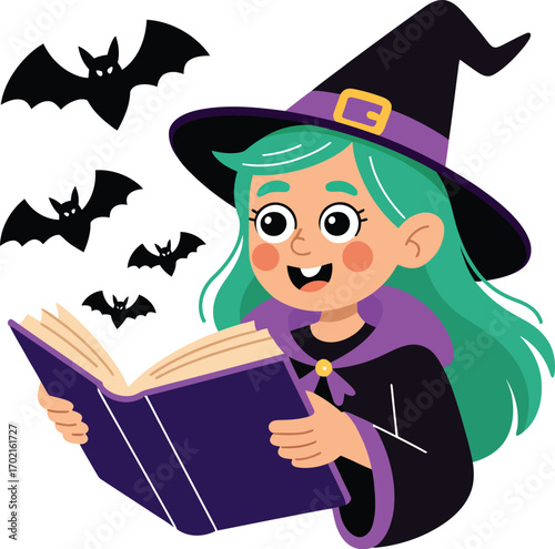 Cartoon witch with green hair reading a book with bats