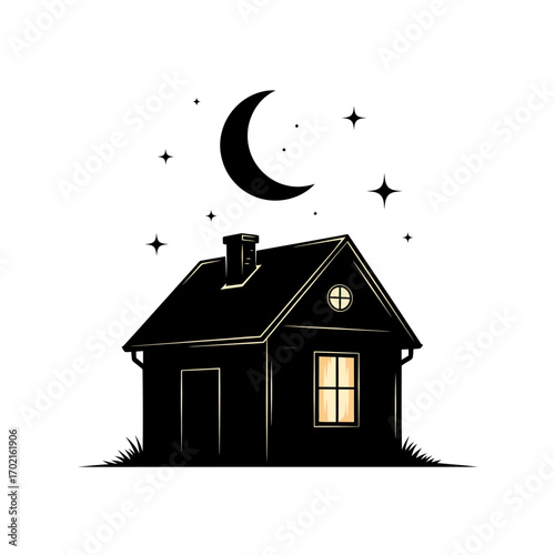 A silhouetted house under a crescent moon and stars at night.