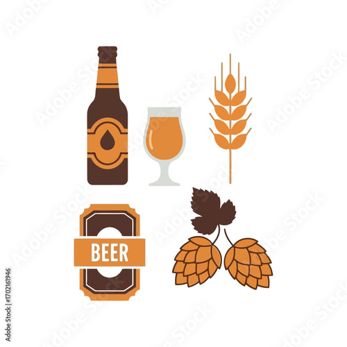 Craft beer elements bottle glass can hops wheat ingredient for brewing label vector