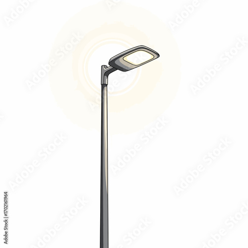 A modern LED street light on a tall metal pole, illuminated with a warm glow, isolated on a white background.