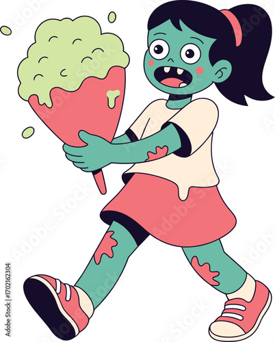 Cartoon zombie girl holding green cotton candy vector