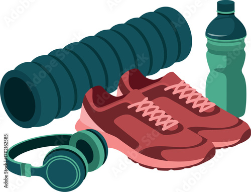 Fitness gear collection workout essentials sport shoes foam roller headphones water bottle active lifestyle illustration vector