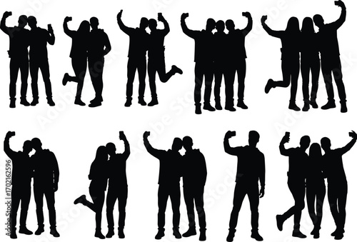 Silhouettes of Friends Taking Selfies Together in Different Poses Representing Fun, Friendship, Youth Culture, and Social Media Moments Vector