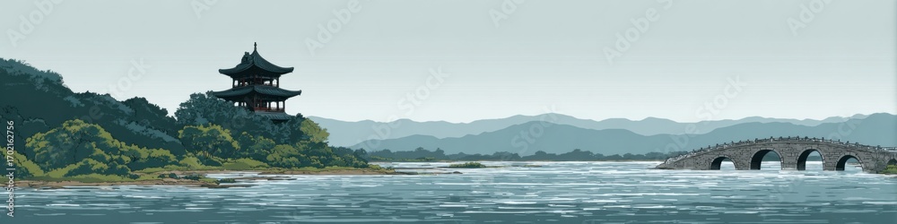 Naklejka premium Creative minimalist Chinese pavilion illustration by riverside with mountains and green meadows, featuring stone arch bridge and blue water ripples on white background for peaceful design concepts.