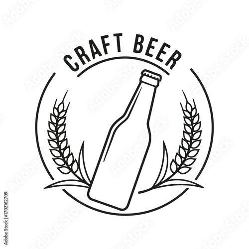 Hand drawn craft beer logo emblem with wheat stalks and bottle vector