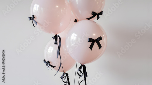 Pink balloons with black ribbons on white background, minimal style