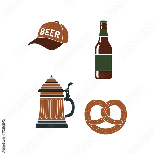 Beer cap stein pretzel bottle icon set oktoberfest celebration graphic elements vector